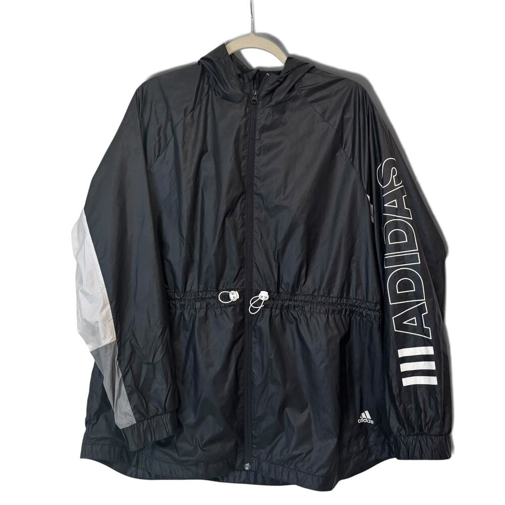adidas Women's Essentials Linear Hooded Windbreaker Jacket, Black Sz XL